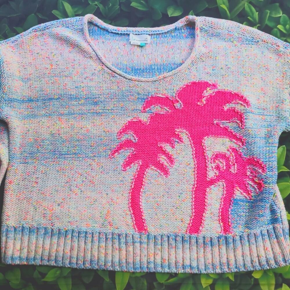 Anthropologie White Pastel Fleck Sweater with Hot Pink Palm Trees size 1X